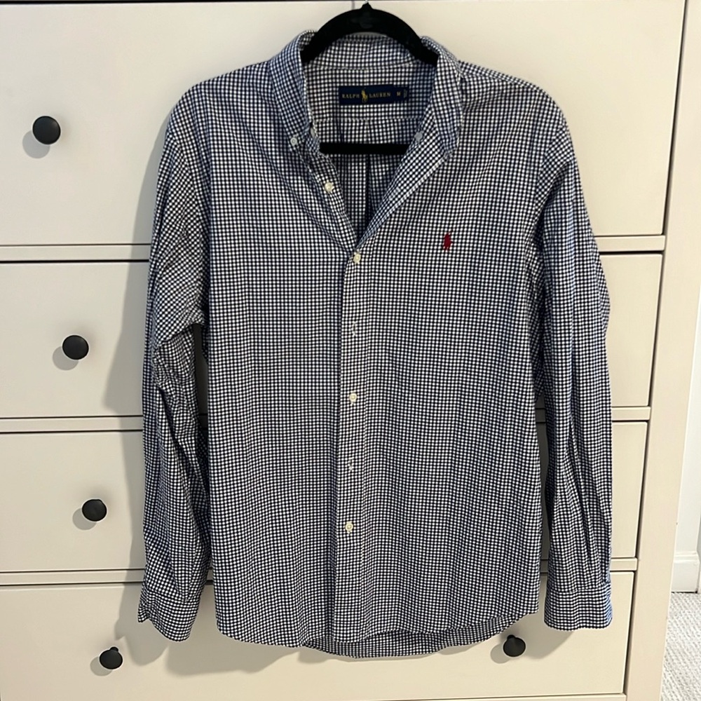 Mens Ralph Lauren Navy Blue Checkered Button Down Shirt - Medium